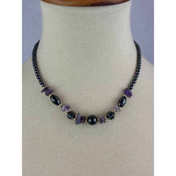 Handmade Hematite Raw Amethyst Beaded Necklace Gold Accents - Picture 1 of 8